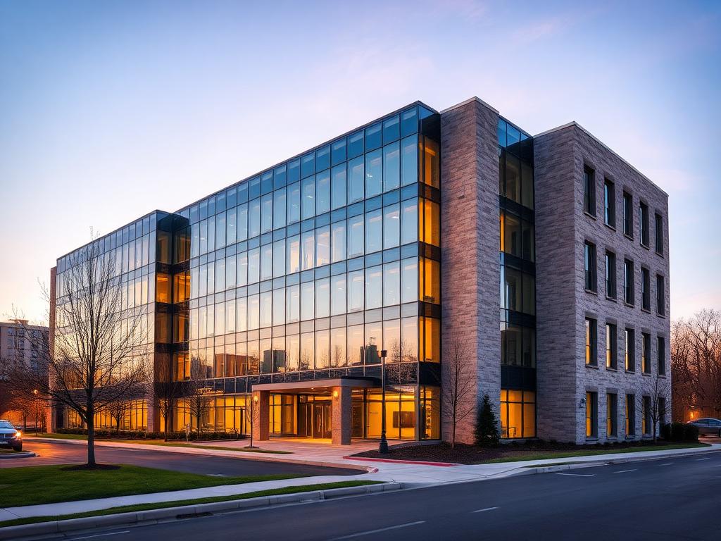A mid-rise professional office building with a landscaped entrance in a corporate business park east of Cleveland