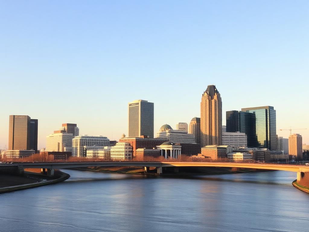 Dayton, Ohio downtown business district along the Great Miami River with a mix of commercial buildings