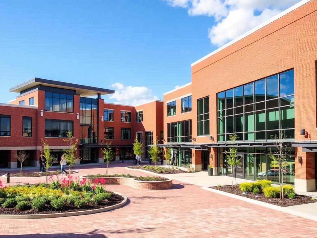 A landscaped suburban office park with mid-size commercial buildings near a highway interchange north of Cincinnati