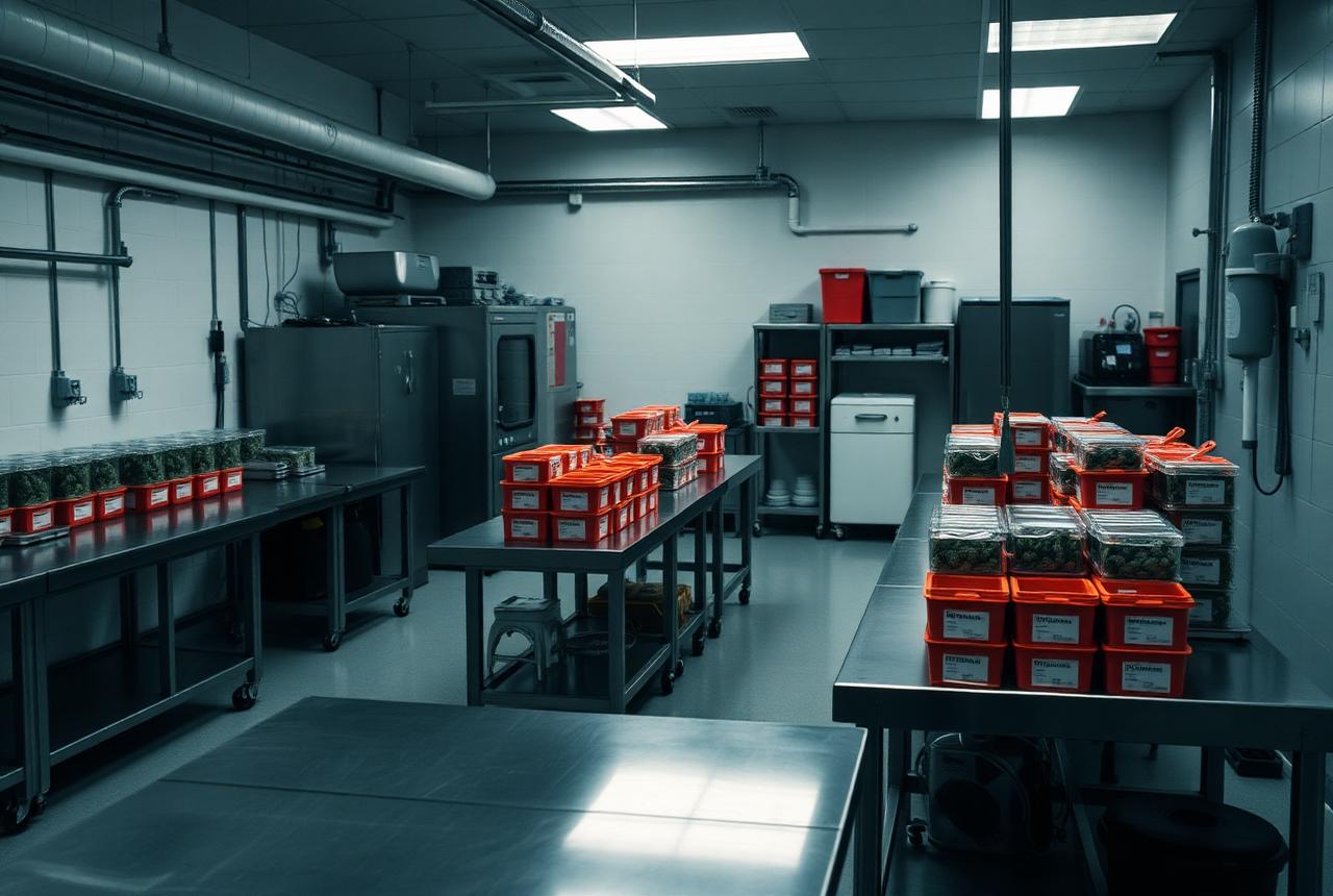 Cannabis processing and packaging area with labeled inventory containers